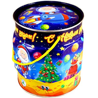 Детский новогодний подарок в жестяной упаковке весом 1200 грамм 